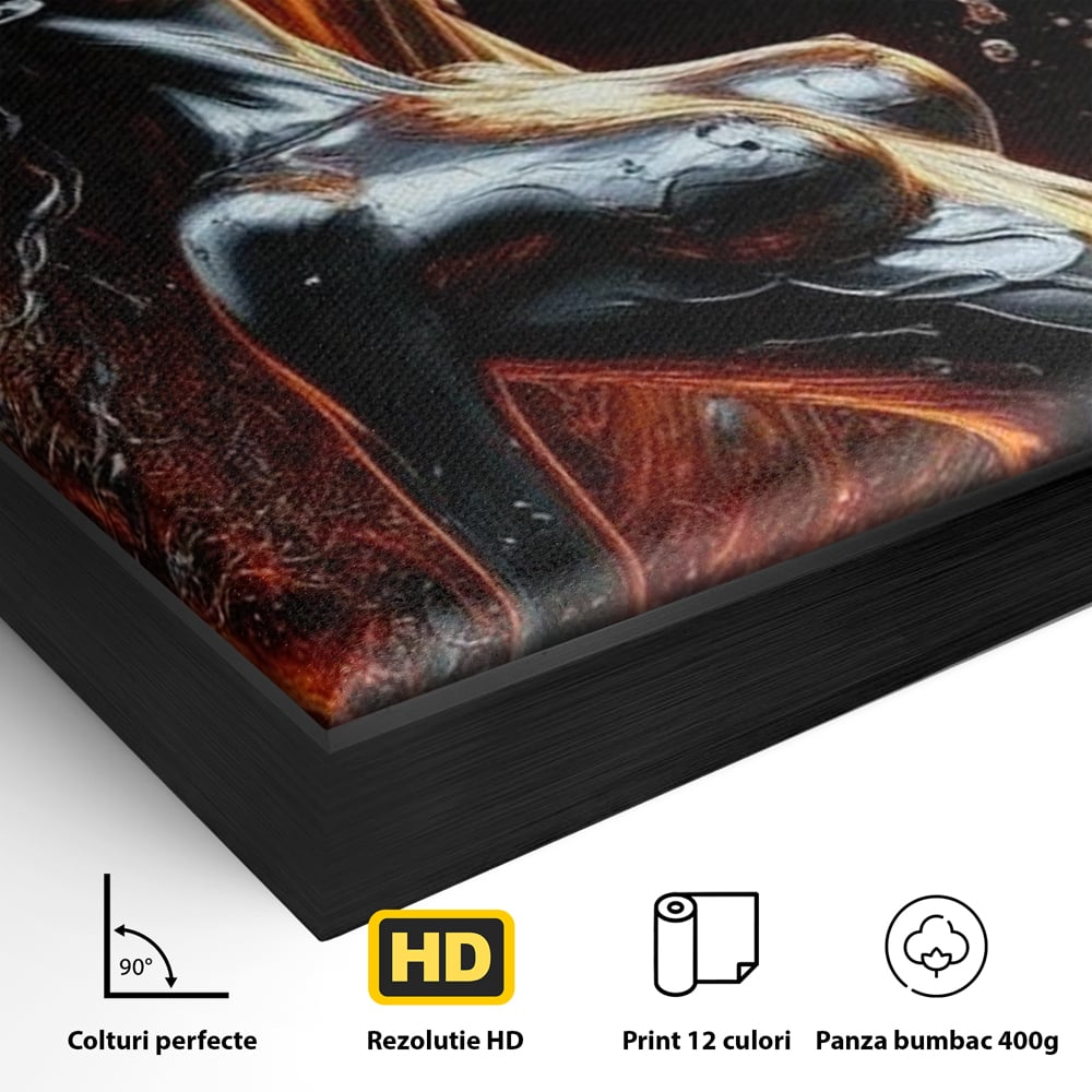 Detaliu al suprafetei: tablou canvas cu femeie si armasar in flacari, in rama de aluminiu negru